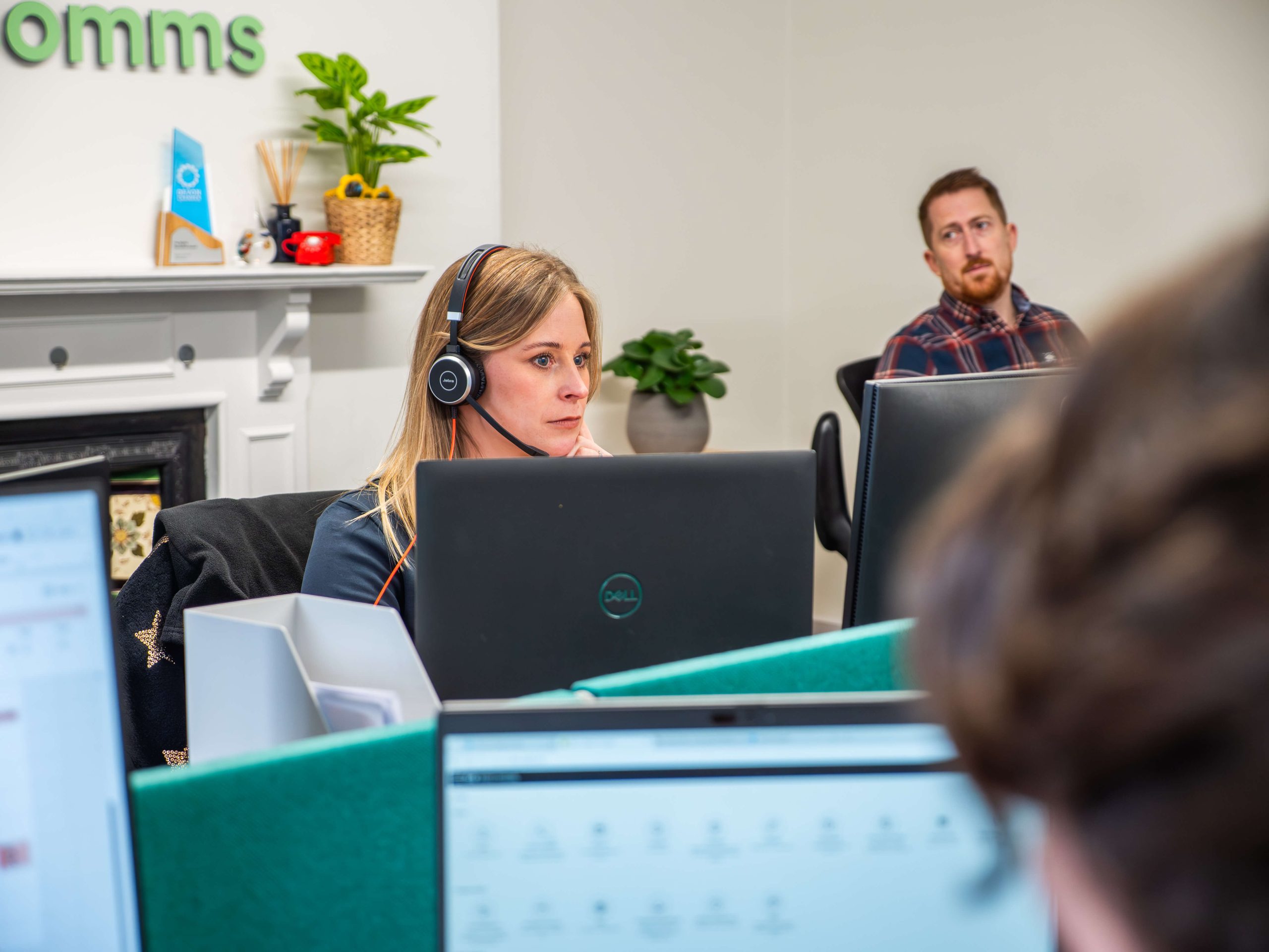 Aimee and Ollie working in the office