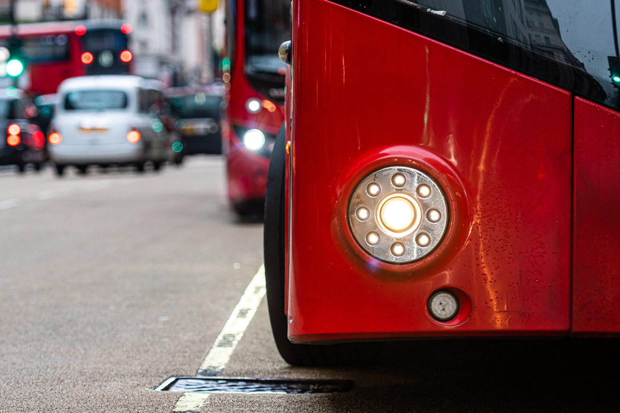 Close up of red bus in the city